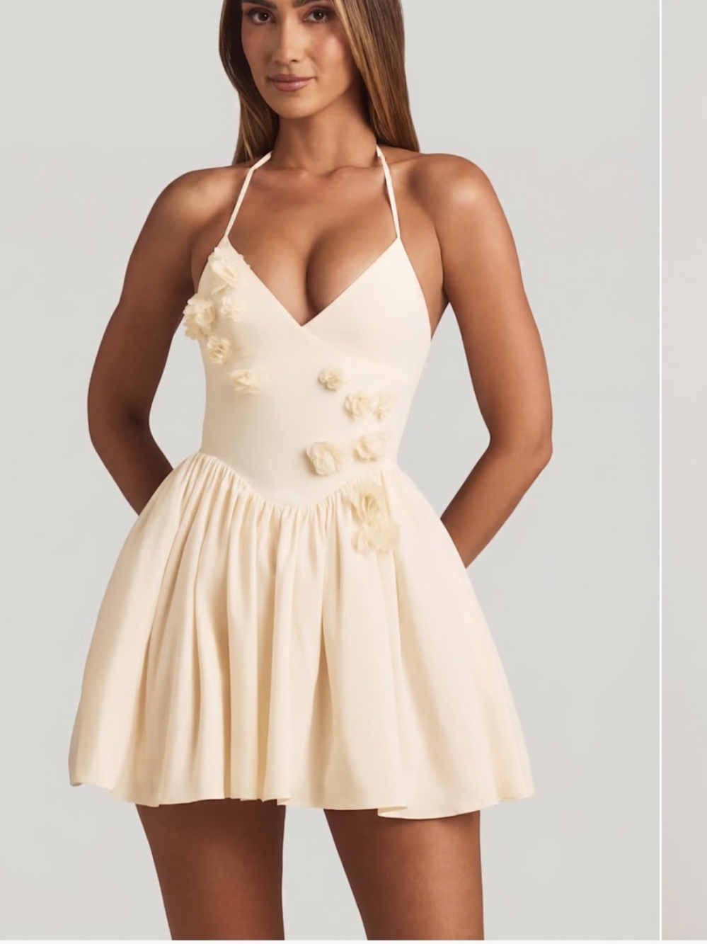 Oh Polly Cream Floral-Appliqué Halterneck Corset Mini Dress